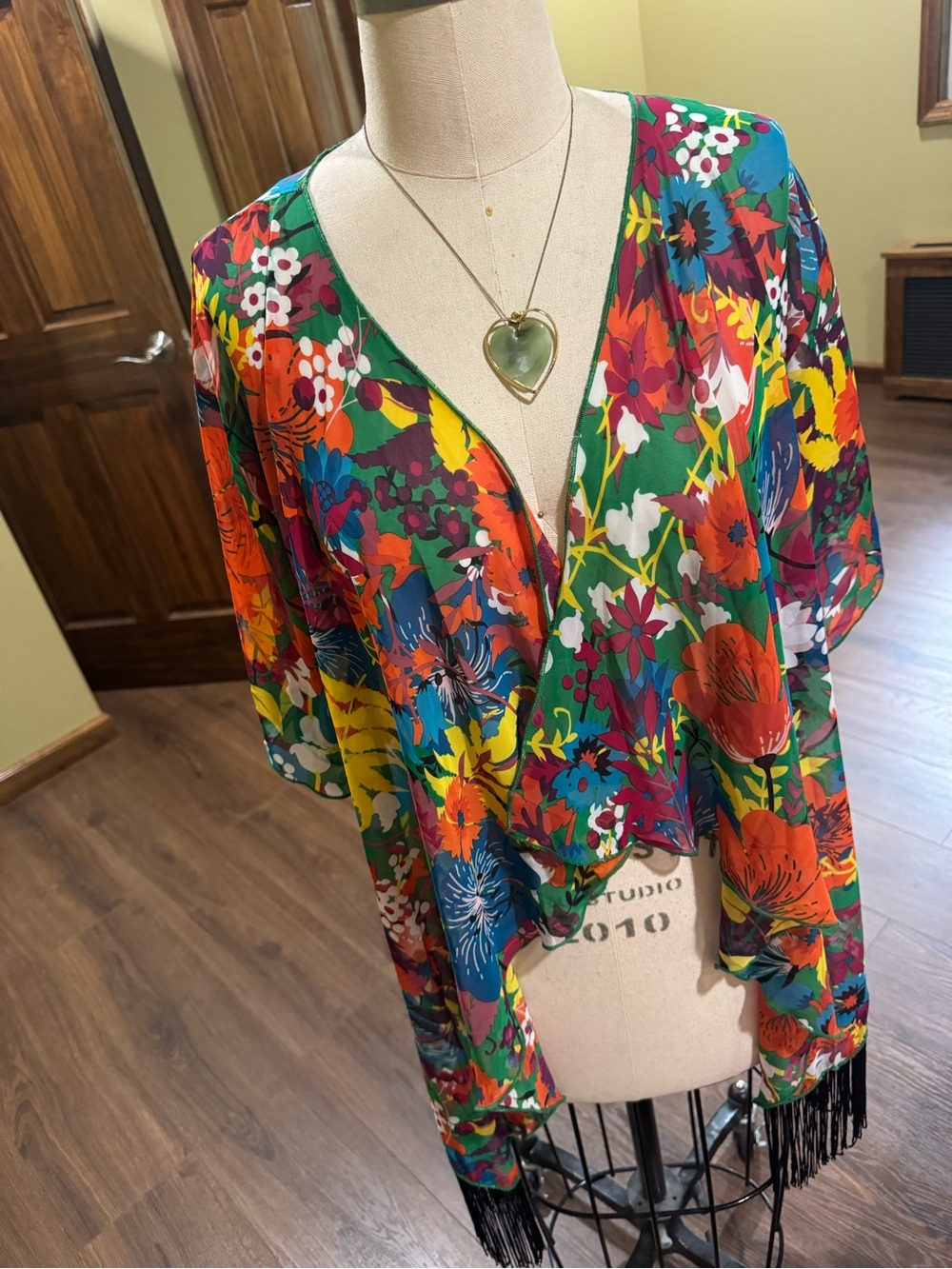 LuLaRoe Green Multi Floral Kimono with Fringe